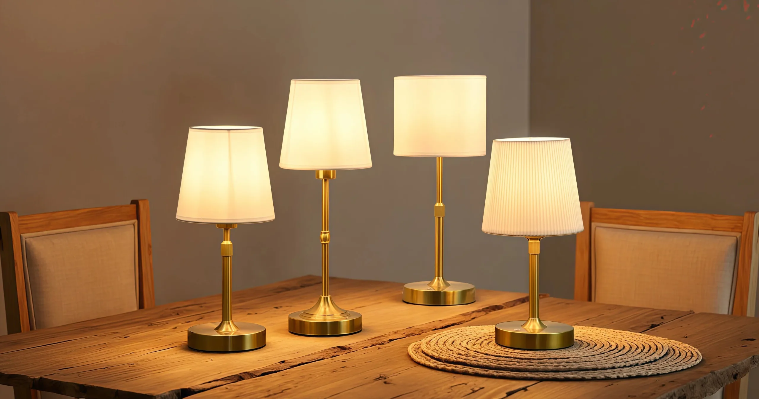 Three cordless modern table lamps displayed in gold, silver