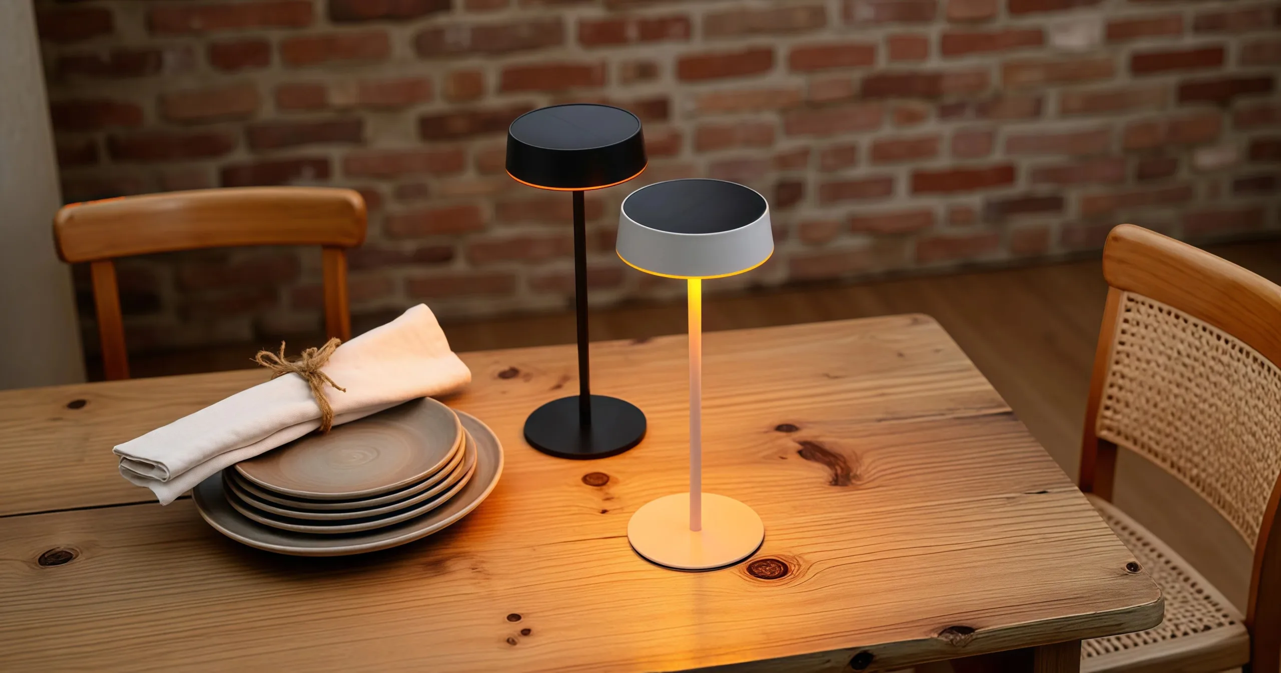 Black and white solar table lamps placed on a wooden dining table with place settings, illuminating a rustic brick wall background with warm LED light.