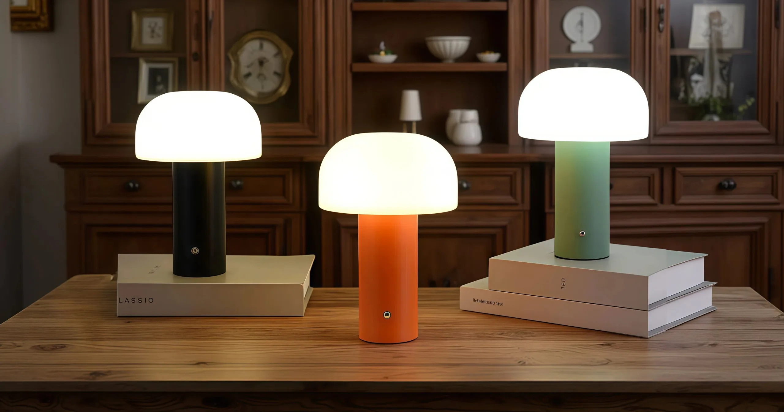 Three portable mushroom lamps in black, orange, and green standing on books, showcasing modern cordless design with soft LED lighting.