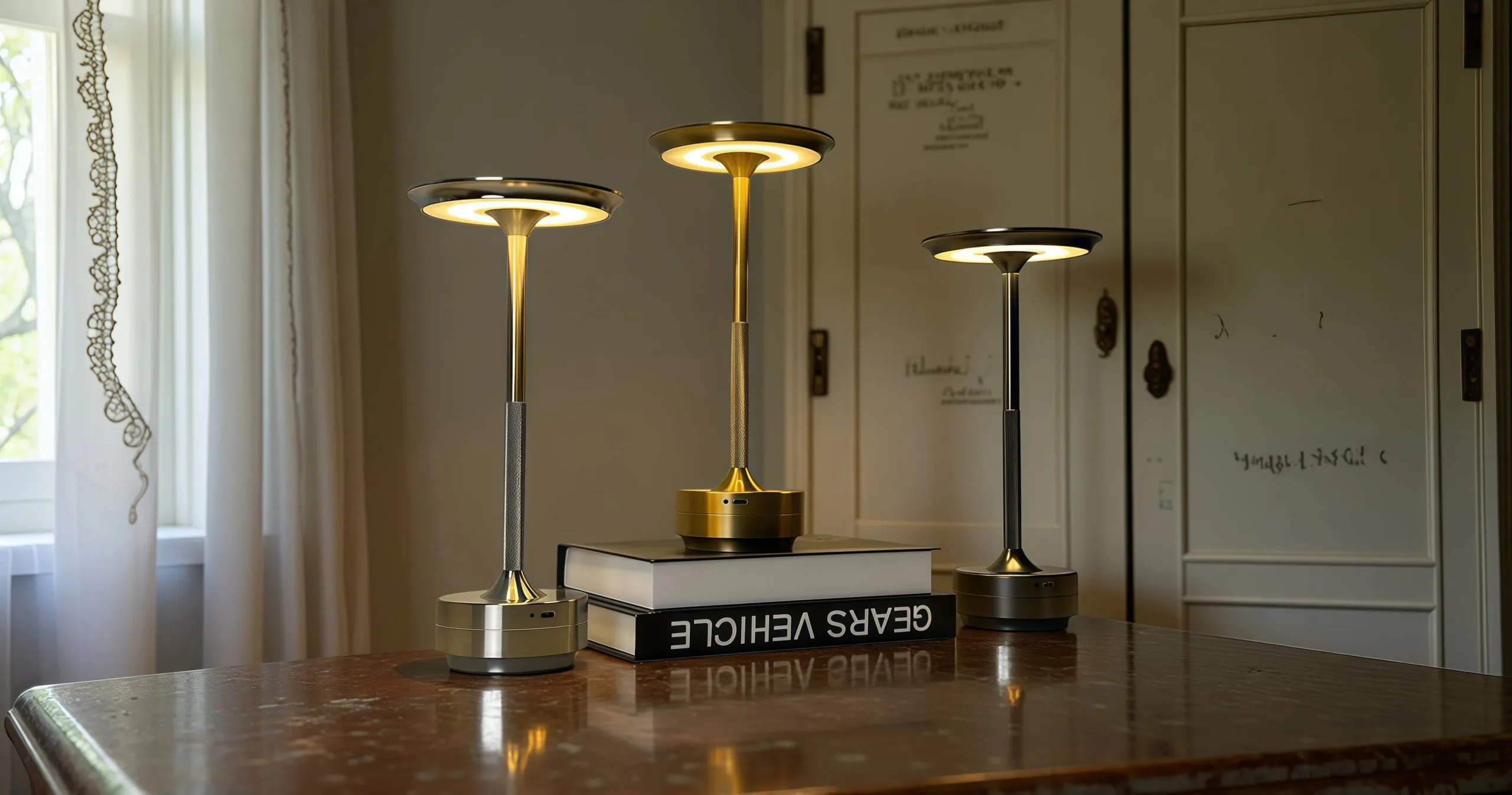 Trio of cordless LED table lamps in silver, gold, and black finishes, emitting warm light on a wooden table with knurled stem details visible.