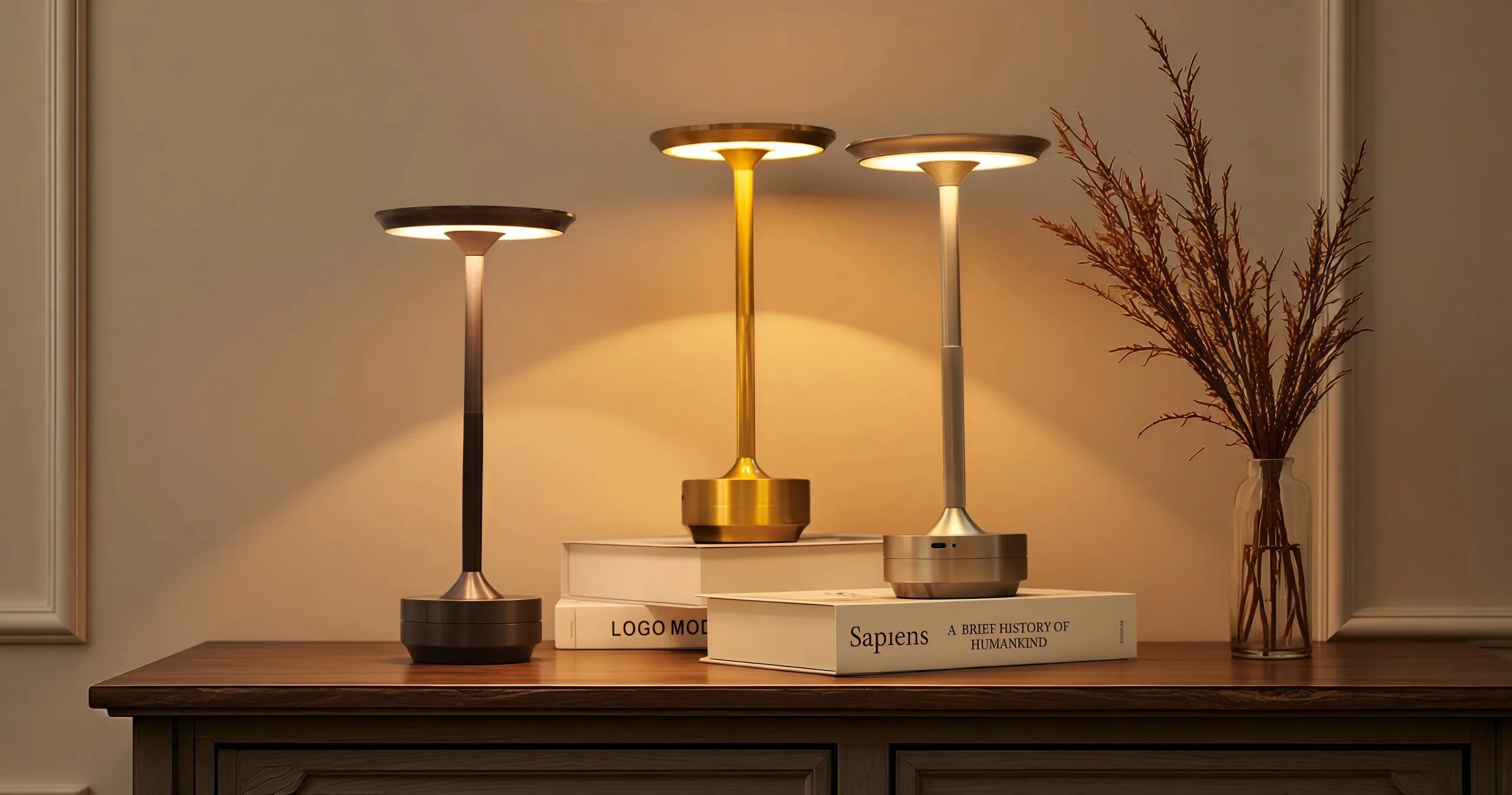 Modern cordless table lamps in black, gold, and silver finishes providing warm ambient LED lighting.