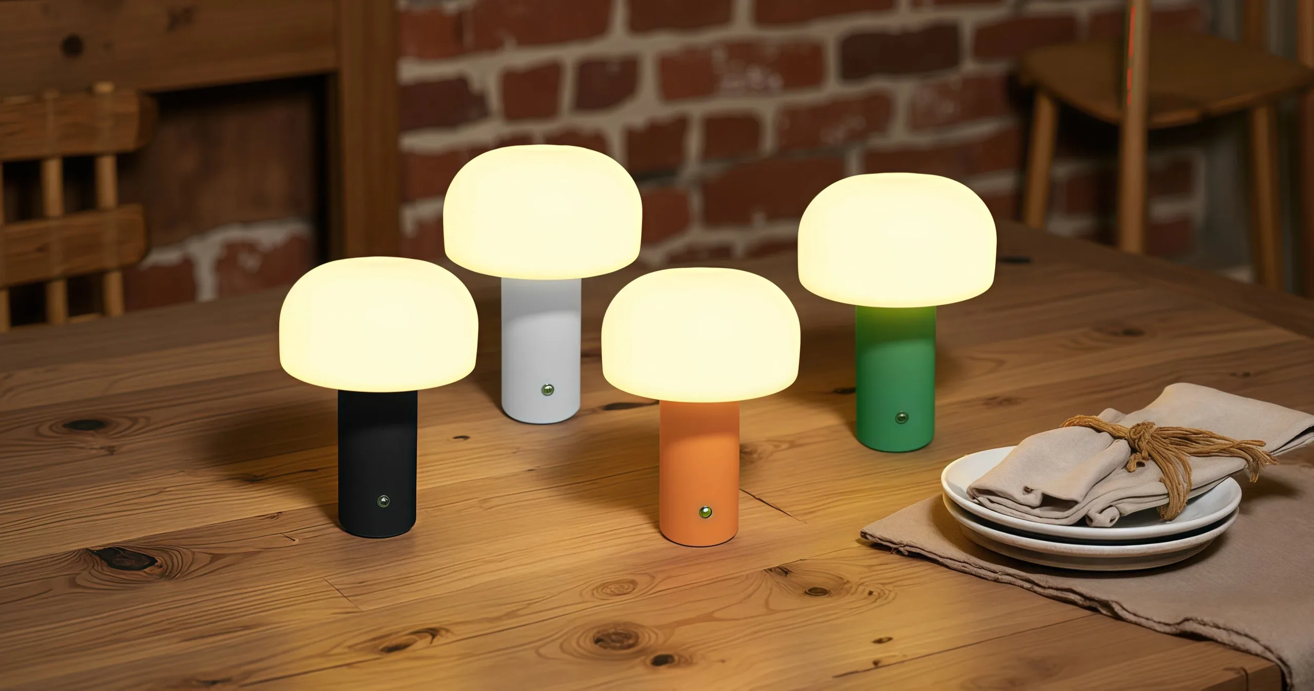 Rechargeable mushroom table lamp collection featuring black, white, orange, and green colors on a wooden dining table, emitting warm ambient light.