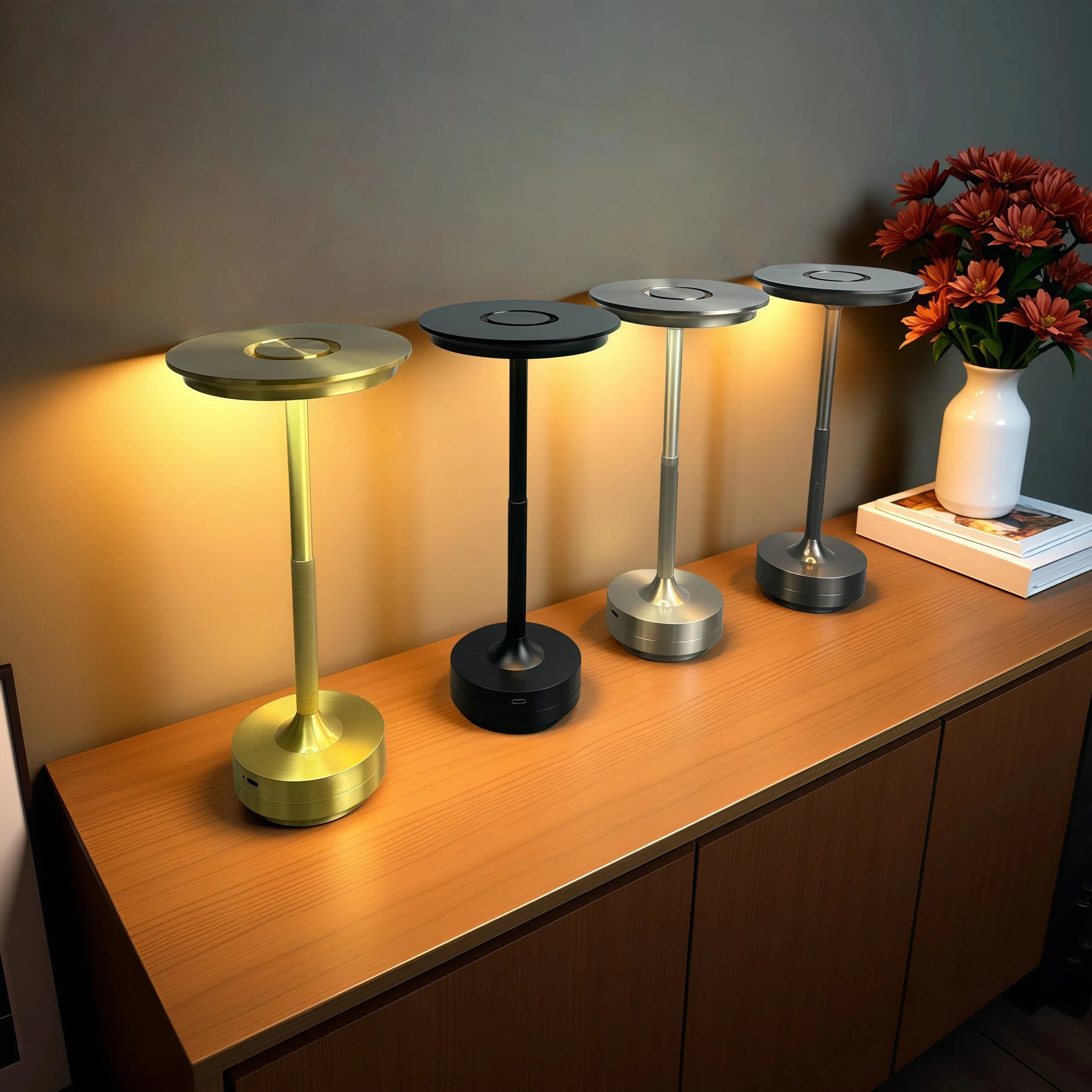 Modern minimalist rechargeable table lamps in gold, black, silver, and dark grey metal finishes displayed on a wooden cabinet