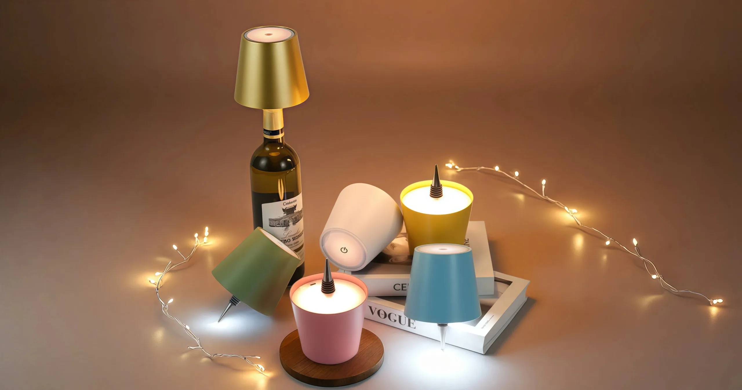 Rechargeable LED Wine Bottle Lamp and Bar Table Decor. Versatile cordless portable light with colored shades.